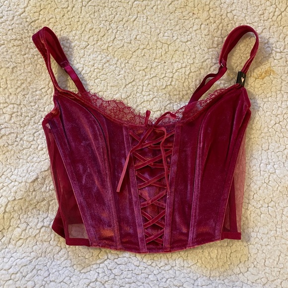 VICTORIA’S SECRET CLARET RED UNLINED LACE UP VELVET CORSET TOP - Picture 6 of 7